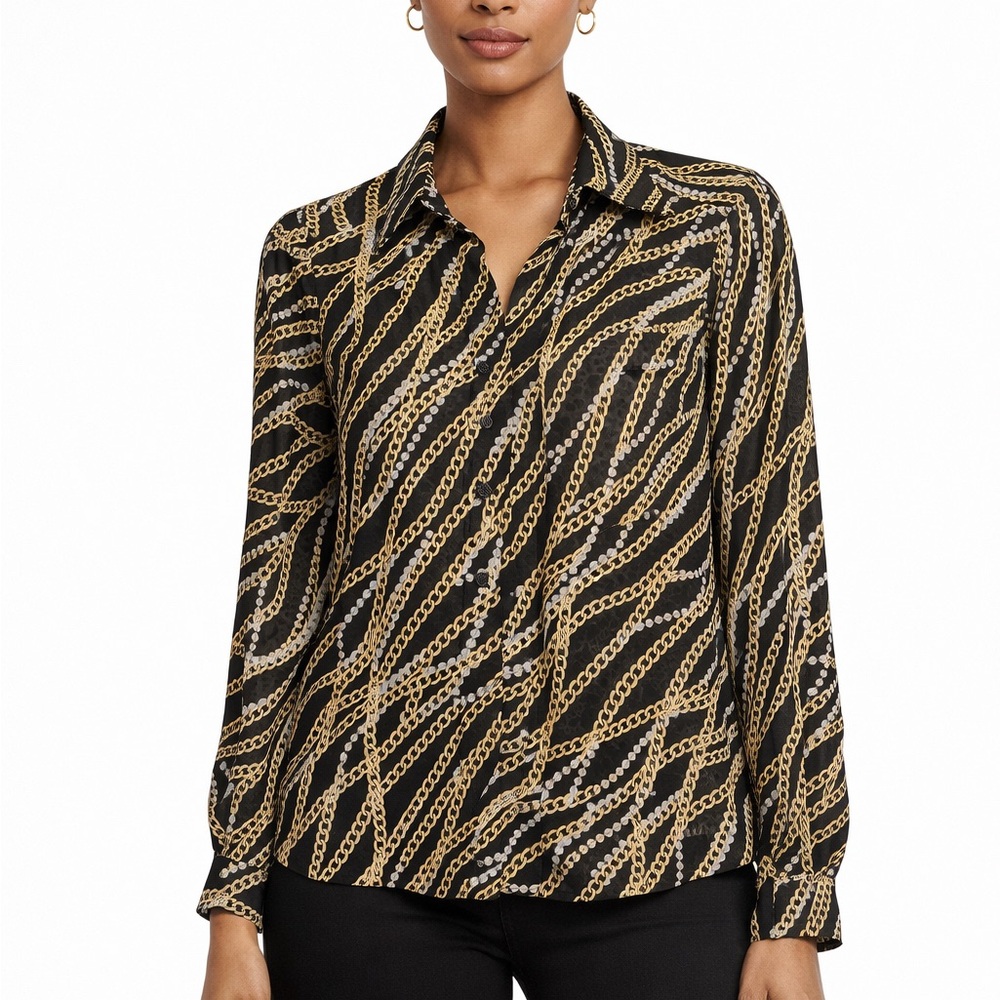 Michael Kors Black and Gold Chain-Print Button-Down Blouse